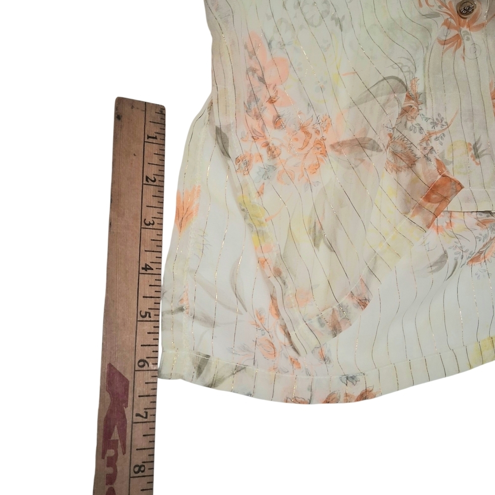 Vintage EUC Womens FINALE Sz. M Off-white/Orange Floral Long Sleeve Sheer Blouse - Picture 12 of 13